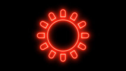 a radiant red neon sun icon glowing brightly with sun rays isolated on black background representing light energy and summer warmth
