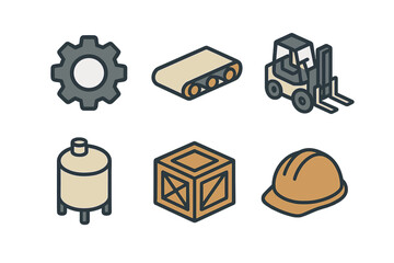Isometric industrial equipment and logistics symbols set for manufacturing and supply chain operations