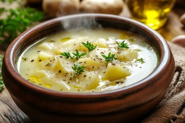 Hearty Potato Soup in Golden Broth Garnished with Fresh Herbs Served in Rustic Bowl
