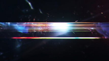 Abstract bright colorful digital light trails and neon lines with lens flare, glitch effect, and chromatic aberration on a dark background, ideal for futuristic tech concepts.