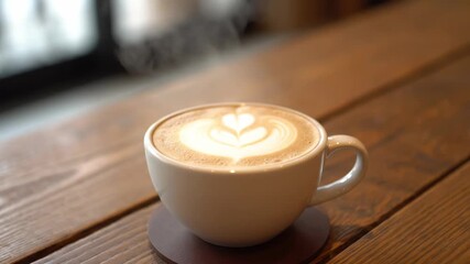 Steaming Latte Art on Wooden Table - A white cup of latte with beautiful latte art sits on a rustic wooden table. Steam rises gently from the hot beverage, hinting at its freshness and warmth. - Powered by Adobe