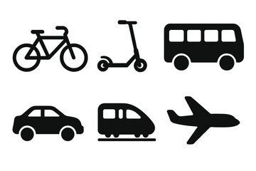 Black silhouette icons showing various modes of transportation including air, road, and rail travel