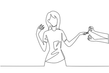 Continuous one line drawing a woman has her nails painted by a pair of hands. Beauty therapy. Comprehensive care for charming. National Nail Polish Day. Single line draw design vector illustration