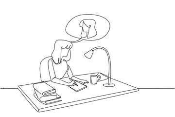 Single continuous line drawing a woman writes a letter on a paper on a study table and the callout contains a woman. Thinking of old friends. Postal. Pen Pal Day. One line design vector illustration