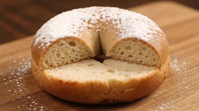 Bagel with Icing Sugar on Wooden Board - A close-up shot of a freshly baked bagel dusted with powdered sugar, resting on a wooden cutting board.