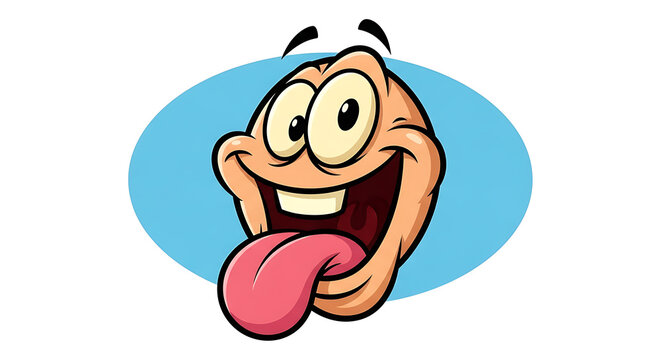 Cartoon face sticking its tongue out with a goofy expression against a blue oval shape, creating a lighthearted and playful mood.
