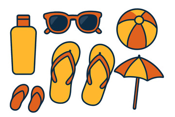 Essential items for summer vacation and beach activities including sunglasses, sunblock, and umbrella