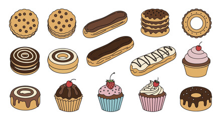 Colorful doodle set of cakes cookies and donuts.