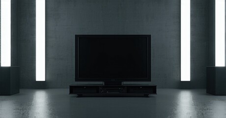 Fototapeta premium Minimalist room features dark television, sleek console. Vertical lights illuminate concrete walls, creating dramatic effect. Modern design.