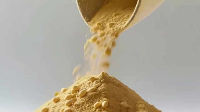 Pouring Fine Yellow Powder: Close-up of Spice or Flour