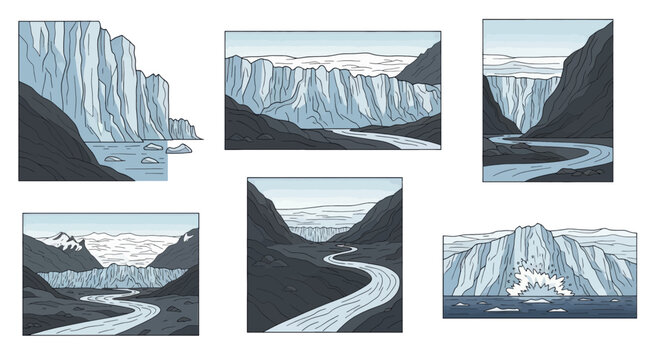 Set of glacier landscape illustrations showing melting and calving ice.