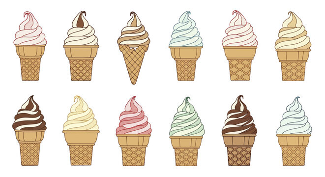 Set of twelve assorted soft serve ice cream cones illustration.