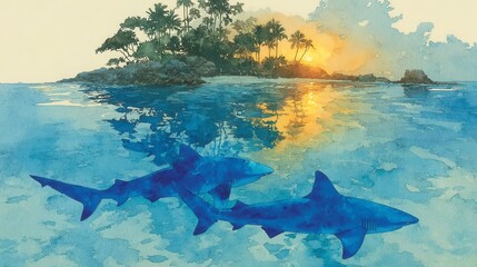 Two sharks swimming in serene waters, tropical landscape reflected at sunset, peaceful aquatic scene, perfect for nature themes.