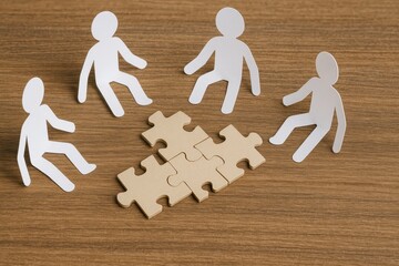 Collaboration of paper figures solving puzzle indoor space digital art creative environment top-down viewpoint