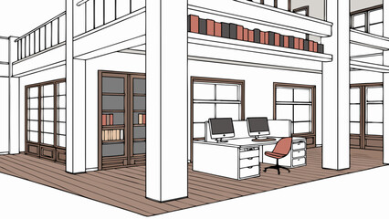 Illustration of a two story office space with desks computers and bookshelves in a minimalist style © Shahid
