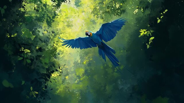 Vibrant Jungle Flight: An Artistic Macaw's Journey Through Verdant Canopy Depiction