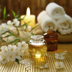 Relaxing Spa Still Life Composition with Essential Oil Bottle Scented Candle Folded Towels and Fresh Blooming Flowers