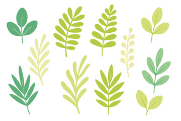 Stylized green and yellow-green leaves and branches nature design elements