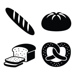 Four simple black and white icons representing different types of bread and baked goods for food businesses silhouette