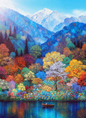 Autumn landscape with lake and mountains. Minimalist backdrop. Nature, success, travel, holiday concept
