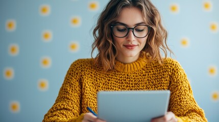 Young student taking notes on digital tablet while viewing online educational tutorial at desk