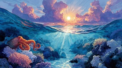 Serene ocean sunset, vibrant coral reef with colorful fish, tranquil waves lapping against rocks, perfect for relaxation themes.