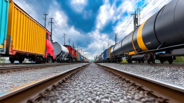 Trains lined up on tracks under a blue sky with fluffy clouds near an urban area in summer