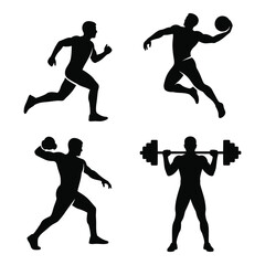 Dynamic sports silhouettes capturing action of runner basketball player thrower and weightlifter in powerful poses silhouette