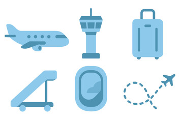 Fototapeta premium Essential flat design symbols for airport operations and air travel including aircraft and baggage