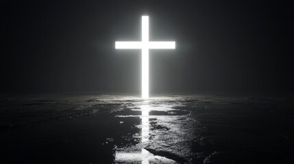 Glowing Neon Cross Silhouetted Against Deep Black Background with Vibrant Illumination