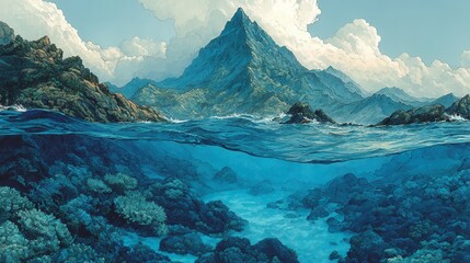 Majestic mountain peak surrounded by vibrant blue waters, serene landscape, nature's beauty, ideal for travel themes.