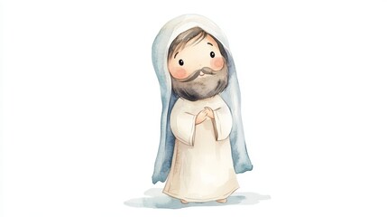 Serene full-length figure of a wise elder in flowing robes standing calmly against soft neutral background