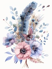 Delicate Flowers Arranged in Bouquet Accompanied by Gentle Feather and Vibrant Butterfly