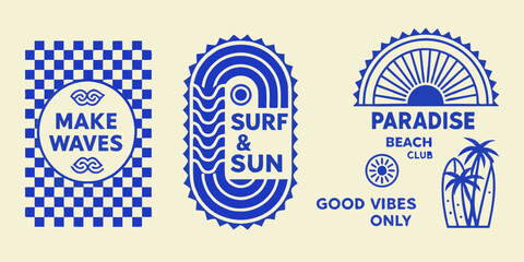 Collection of three retro inspired blue graphic designs with surf beach and summer themes © Anik