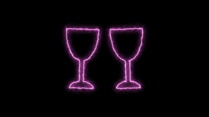 Two outlined wine glasses with a glowing neon effect in vibrant pink, isolated on black background, representing celebration and toast.