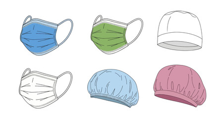 Set of medical masks and surgical caps illustration.
