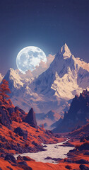 Mountain landscape with moon. Minimalist backdrop. Nature, success, travel, holiday concept

