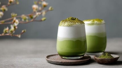 Crafting a refreshing matcha beverage cozy kitchen close-up photography minimalist setting serene environment wellness concept