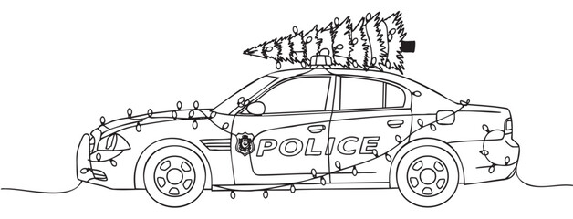 Black outline drawing of a police car decorated with christmas lights and a tree on the roof, symbolizing festive holiday spirit.
