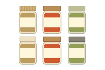 Collection of six stylized jars filled with various colored ingredients and blank labels