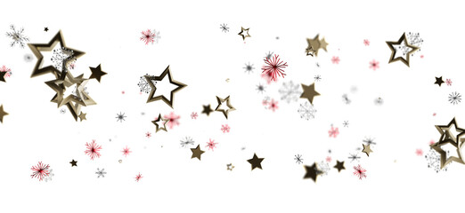 Decorative stars and snowflakes float on a white background. This festive abstract design creates a perfect image for Christmas and winter holid