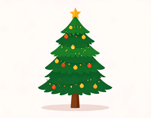 Fototapeta premium Festive Green Christmas Tree with Colorful Decorations and Star Topper.