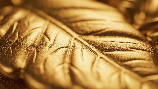 Golden Leaf with Shimmering Light - Close-up of a golden leaf, showcasing intricate patterns and textures. The leaf is illuminated with subtle light, creating a shimmering effect.