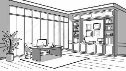 Illustration of a home office interior with desk, chair, plant, and a large window providing natural light