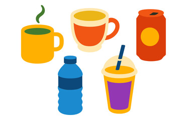 Various colorful beverages including coffee mugs, soda can, water bottle, and cold drink cup arranged together