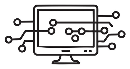 Black outline icon depicting a computer monitor connected with multiple circuit lines, symbolizing digital technology and network connections.