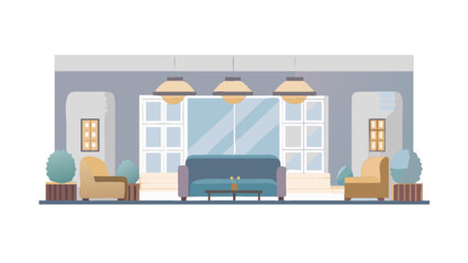 Obraz premium Illustration of a living room featuring a sofa, armchairs, lamps, and windows in a modern style