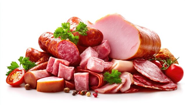 Assorted deli meats, sausages, and fresh produce are piled on a white backdrop