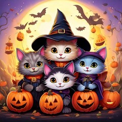 Cute Halloween Cats Celebrate with Jack-o'-Lanterns