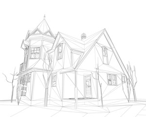 Abandoned house wireframe drawing in black and white, featuring detailed architectural sketch with surrounding trees and natural backdrop.